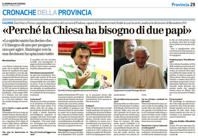 Perché la Chiesa ha bisogno di due papi - Il Giornale di Vicenza - 5 marzo 2013