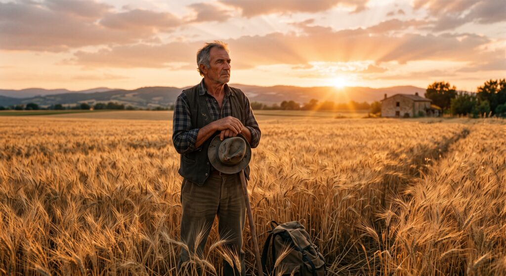 Contadino nel campo, al tramonto